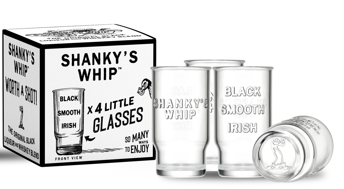Set of four Shanky's Whip shot glasses in their presentation box