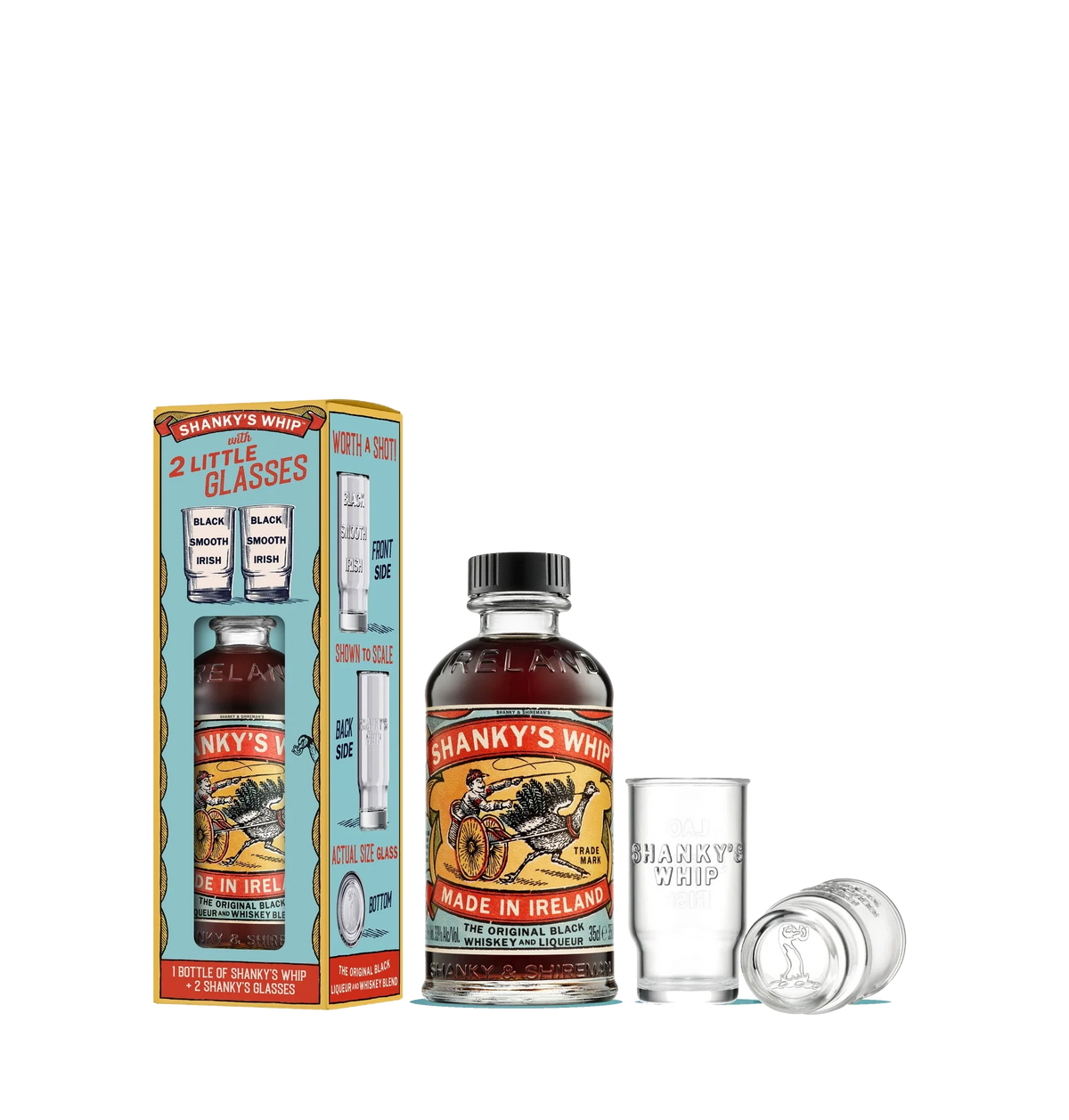 Shanky's Whip 350ml and two glasses gift pack contents