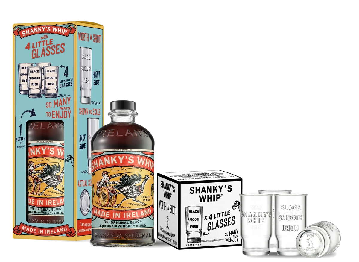 Shanky's Whip 700ml and four glasses gift pack contents