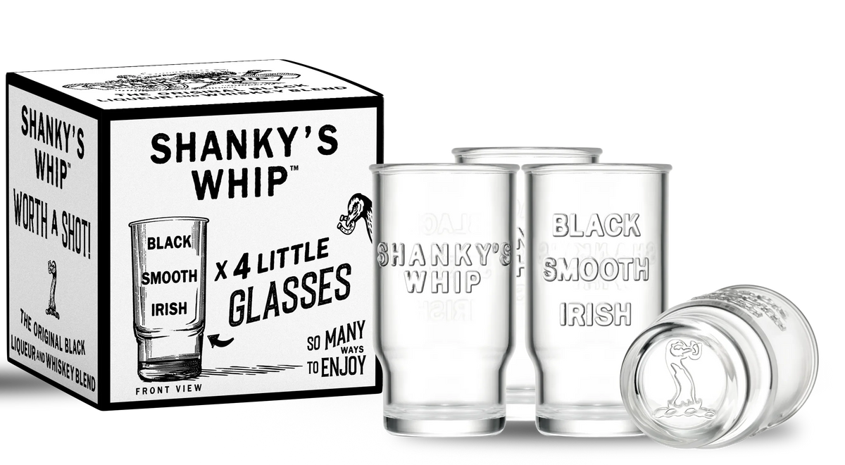 Set of four Shanky's Whip shot glasses in their presentation box