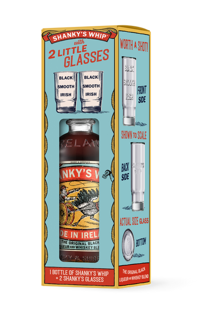 Shanky's Whip 350ml and two glasses gift pack, front of box