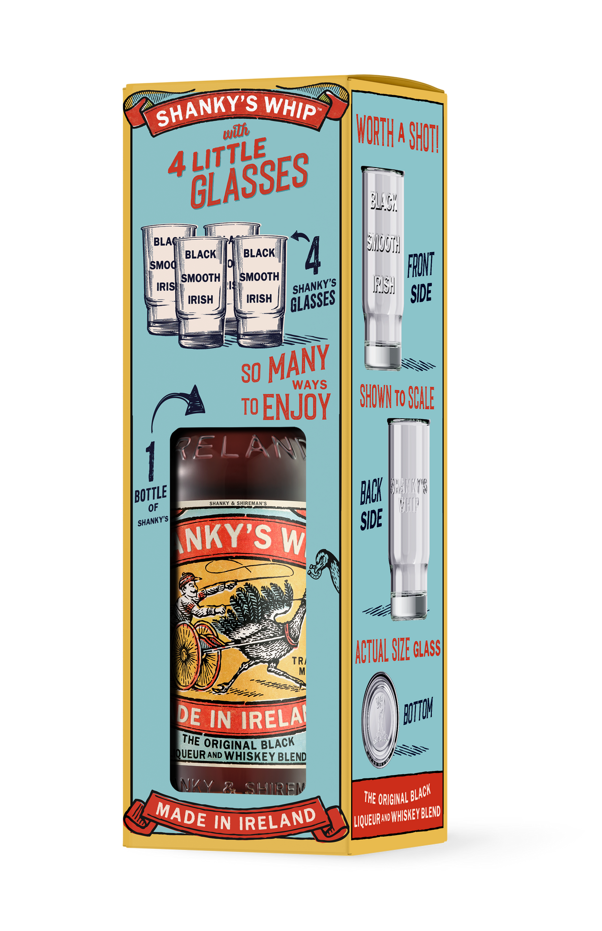 Shanky's Whip 700ml and four shot glasses gift pack, front of box
