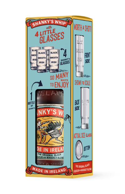 Shanky's Whip 700ml and four shot glasses gift pack, front of box
