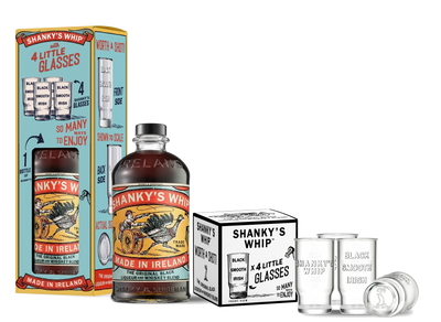 Shanky's Whip 700ml and four glasses gift pack contents