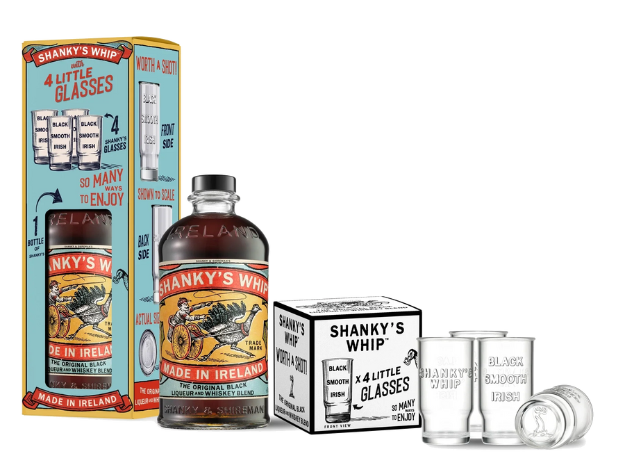 Shanky's Whip 700ml and four glasses gift pack contents