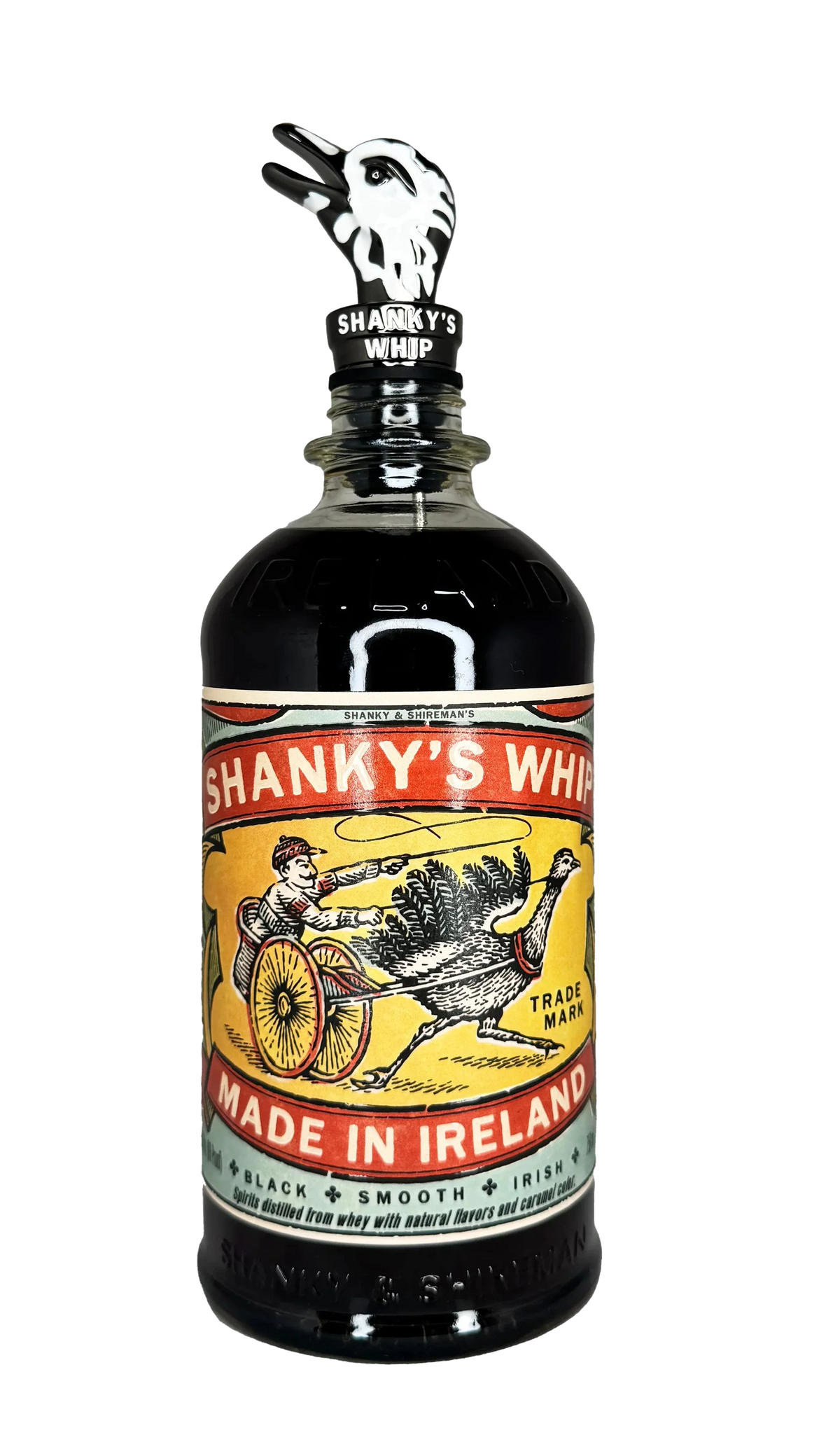 Shanky's Whip Ostrich Head pour spout fitted to a bottle